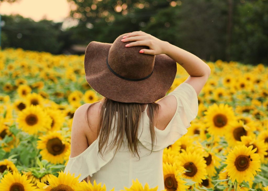 Frau von hinten mit Hut in einem Sonnenblumenfeld